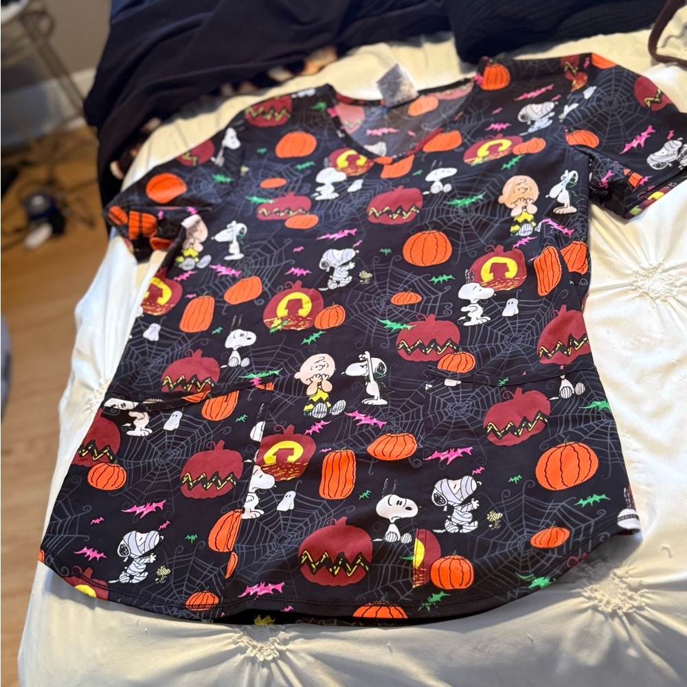 Peanuts Black Halloween Scrub Top